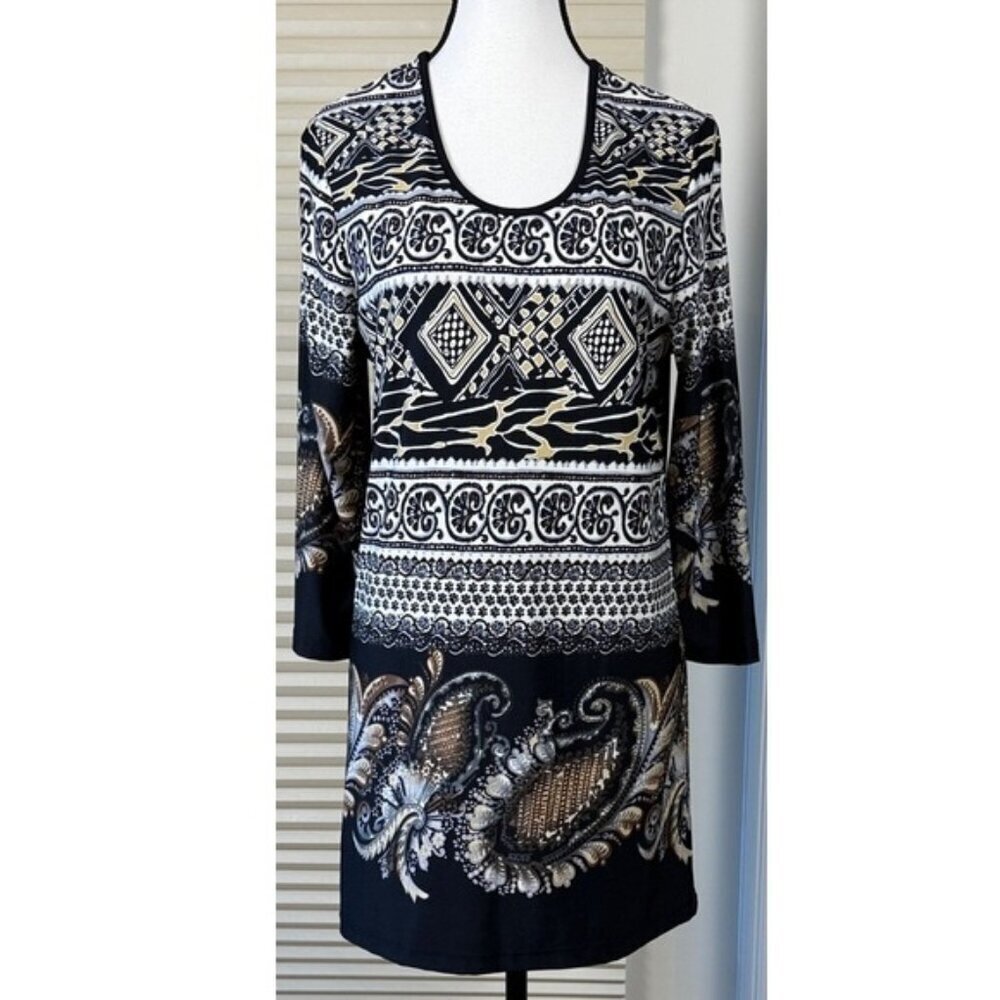 Initiatives Tunic Black/Brown/Gold Abstract Geometric Design Top Long Sleeve S/M